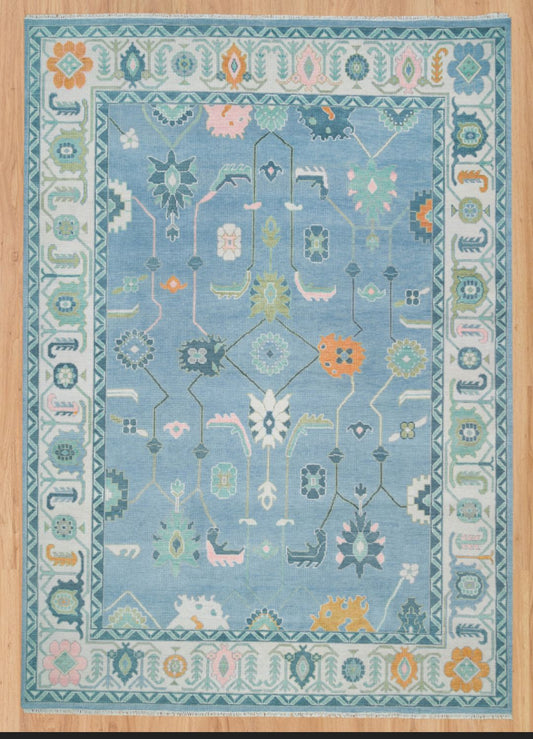 Light Blue Handknotted Oushak Rug | Turkish Vintage Style Wool Area Carpet | Soft Pastel Oriental Rug for Living Room & Bedroom Décor