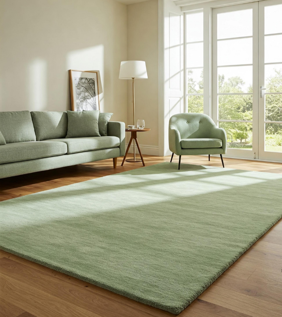 Sage Green Wool Area Rug Soft Handwoven Modern Carpet for Living Room