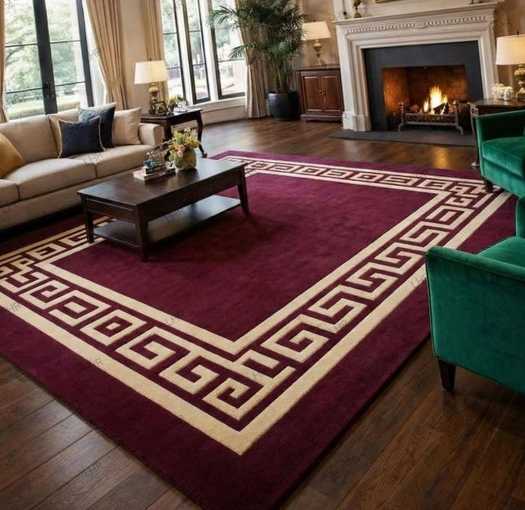 Hand Tufted Greek Key Area Rug, Burgundy & Ivory Luxury Wool Rug, Custom Living Room Carpet, Modern Geometric Border Rug, Large Statement Floor Rug