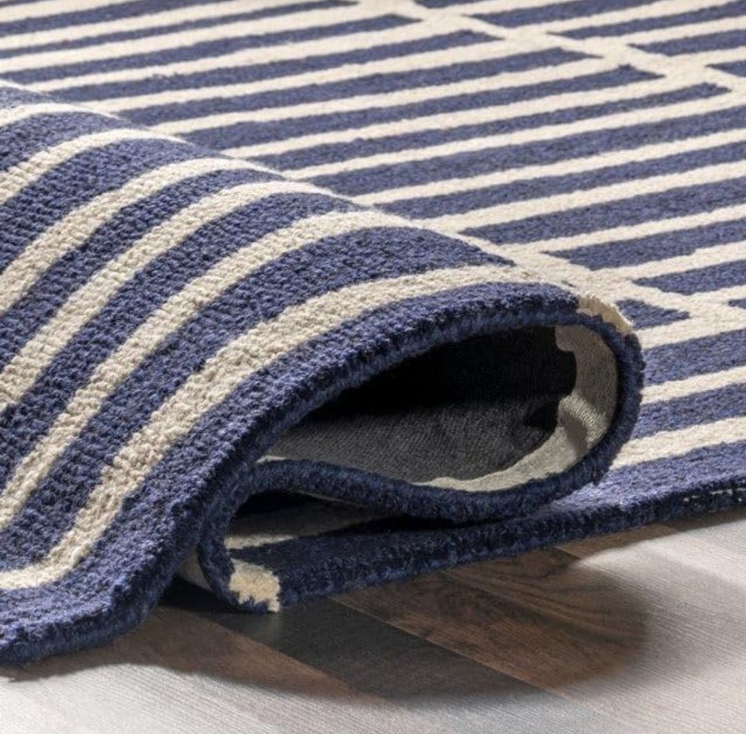 Modern Blue White Geometric Wool Area Rug | Hand-Tufted Carpet