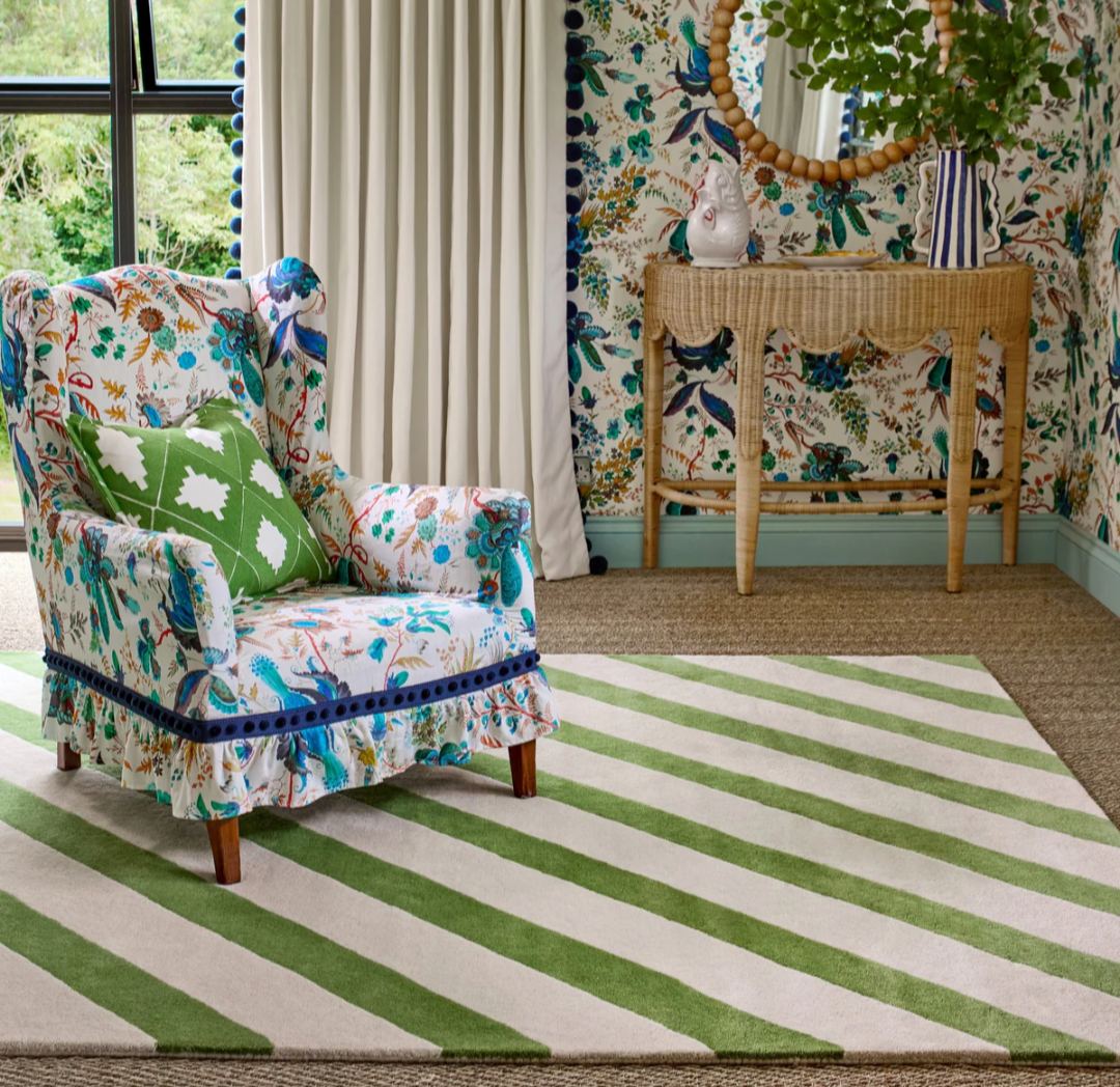 Modern Green Striped Area Rug – Hand Tufted Ivory & Green Diagonal Pattern Carpet for Living Room, Bedroom & Contemporary Home Décor