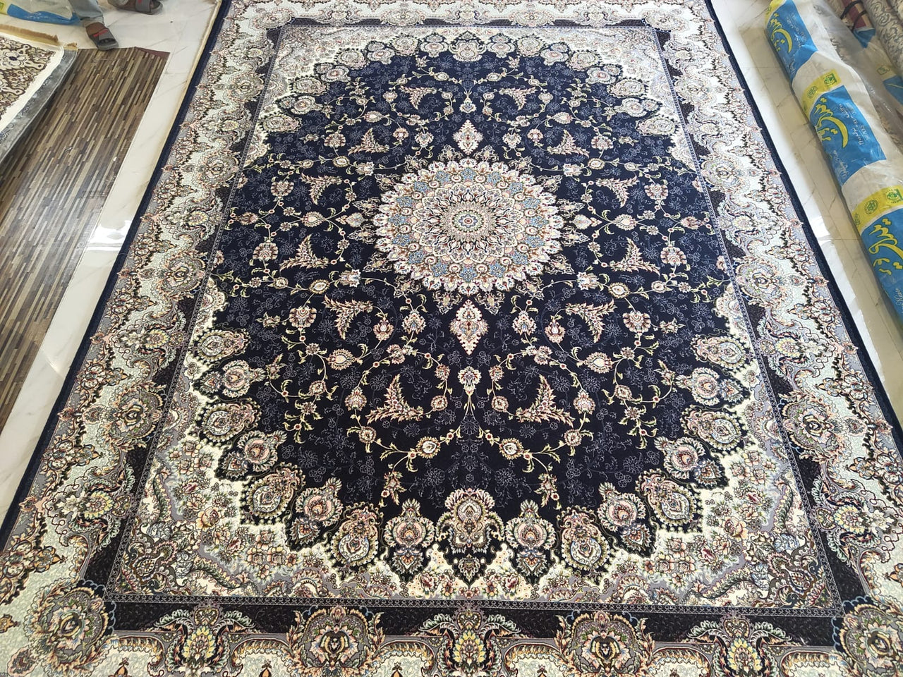 Luxury Persian Silk Rug – Authentic Iranian Imported Carpet, Navy Blue Medallion Oriental Rug, Handcrafted Premium Living Room Area Rug