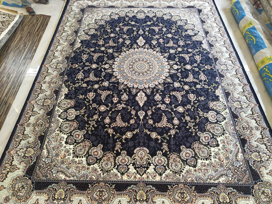 Luxury Persian Silk Rug – Authentic Iranian Imported Carpet, Navy Blue Medallion Oriental Rug, Handcrafted Premium Living Room Area Rug