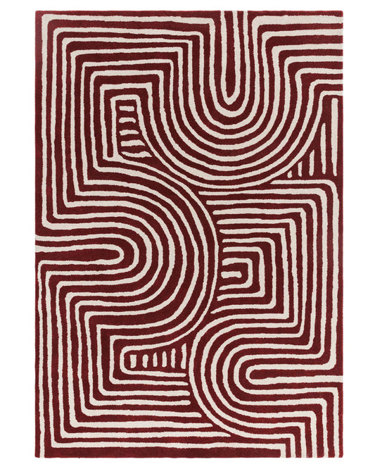 Modern Abstract Line Art Area Rug – Hand-Tufted Wool Burgundy Red & Ivory Geometric Carpet for Living Room, Bedroom, Office & Home Interior Decor