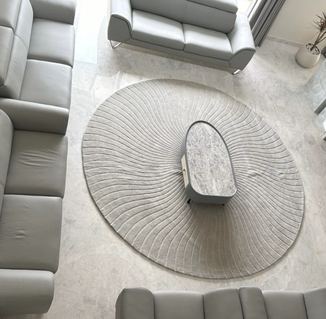 Modern Round Textured Rug for Living Room – Luxury Soft Grey Carpet with Contemporary Wave Design