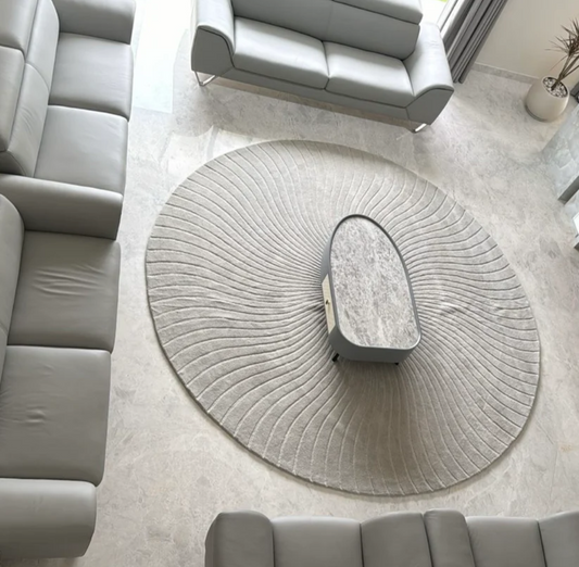 Modern Round Textured Rug for Living Room – Luxury Soft Grey Carpet with Contemporary Wave Design