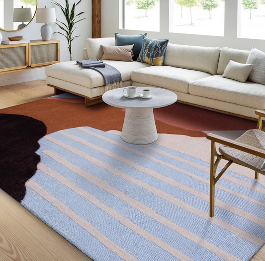 Modern Abstract Area Rug for Living Room – Soft Hand-Tufted Color Block Carpet with Stripes & Earth Tones – Cozy Designer Floor Decor