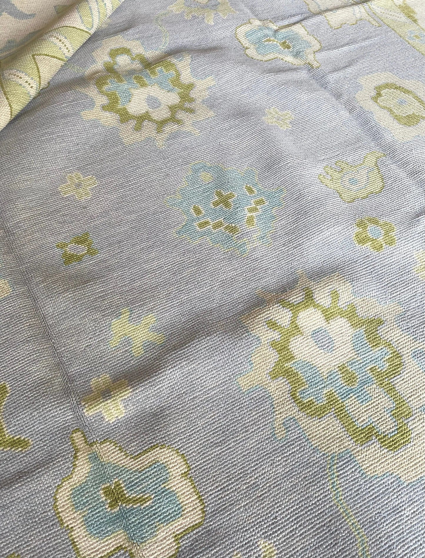 Light Blue & Green Hand Knotted Oushak Rug – Modern Turkish Wool Carpet | Soft Pastel Floral Area Rug for Living Room, Bedroom & Home Decor