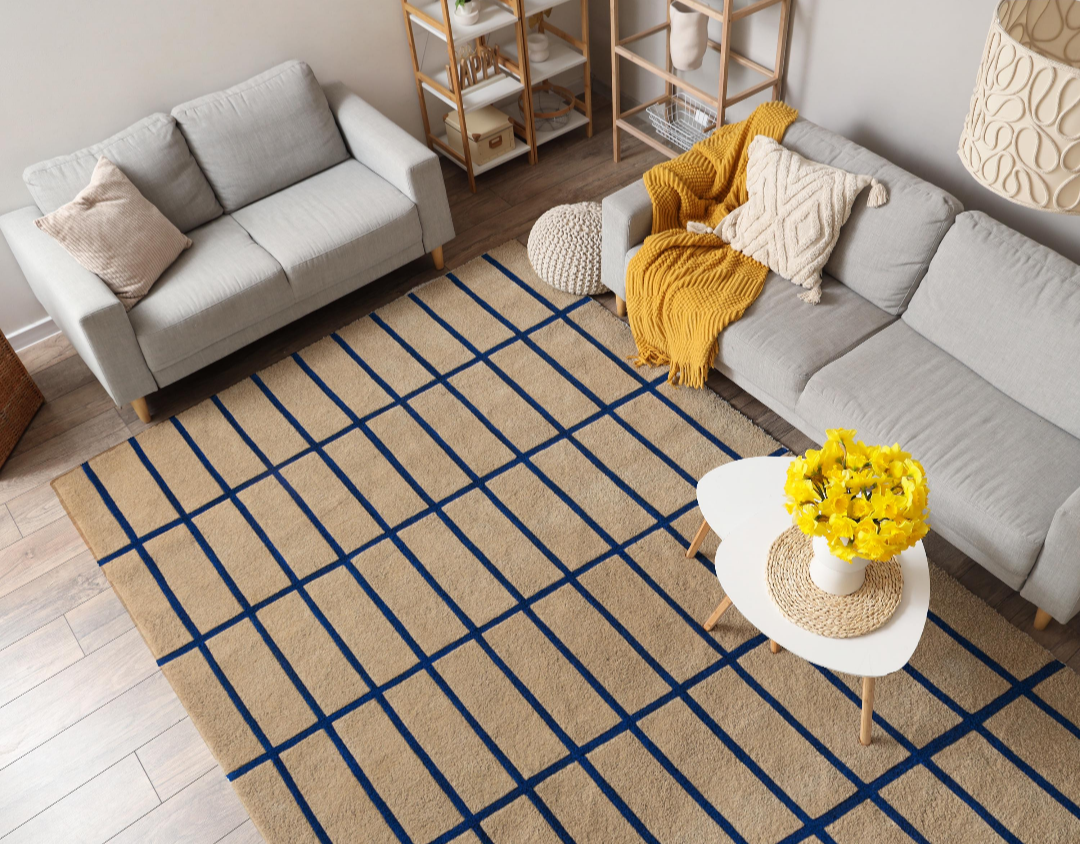 Modern Beige and Blue Grid Pattern Area Rug – Minimalist Geometric Carpet for Living Room, Bedroom & Contemporary Home Décor