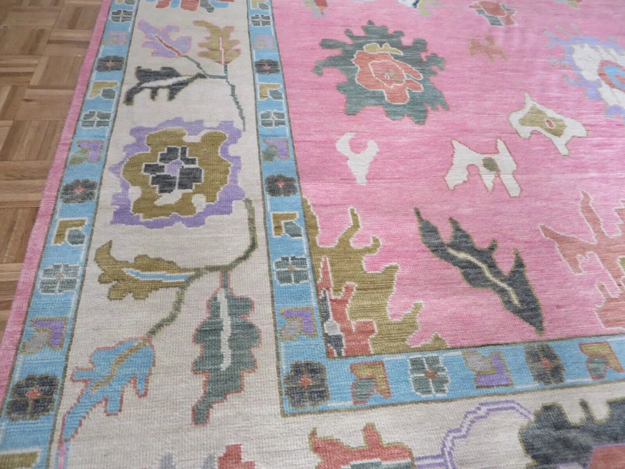 Blush Pink Hand Knotted Oushak Rug – Vintage Turkish Style Floral Medallion Carpet, Soft Pastel Large Area Rug for Living Room & Bedroom
