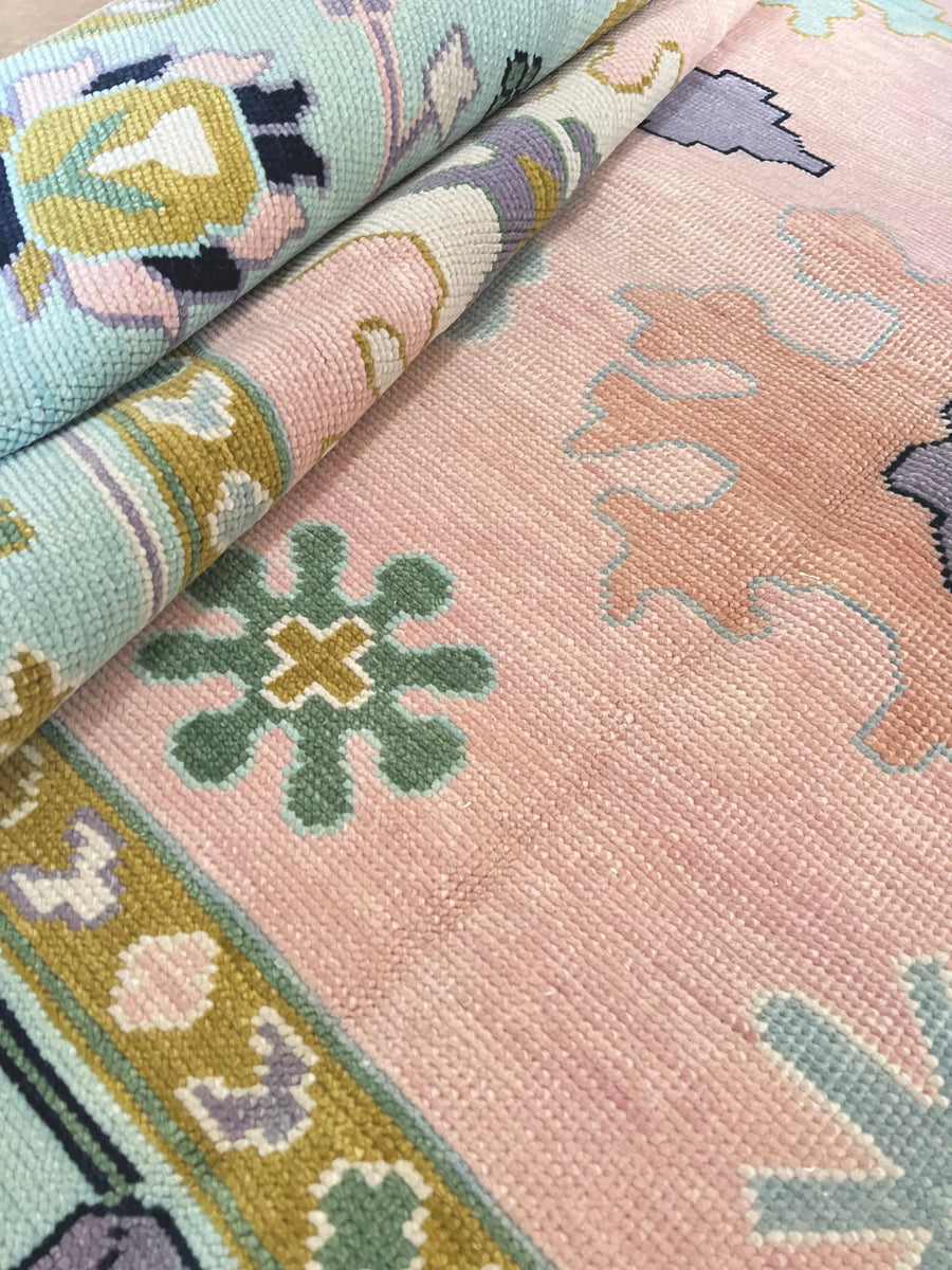 Hand Knotted Oushak Rug – Blush Pink Pastel Turkish Wool Vintage Area Carpet
