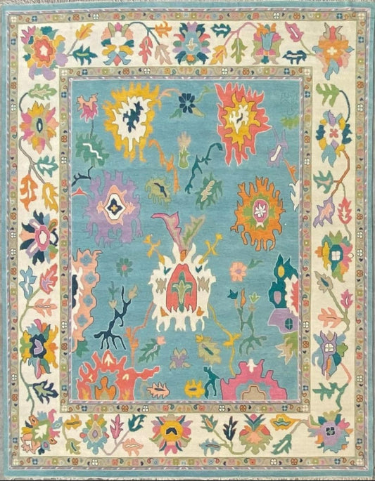 Handknotted Oushak Rug – Authentic Turkish Wool Carpet with Vibrant Floral Design | Luxury Handmade Area Rug