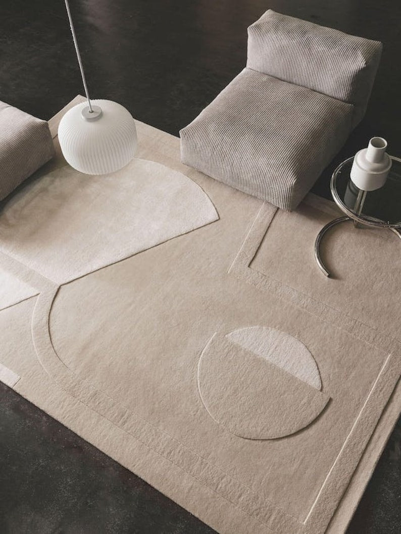 Luxury Hand Tufted Wool & Silk Rug – Modern Minimalist Geometric Area Rug for Living Room Decor