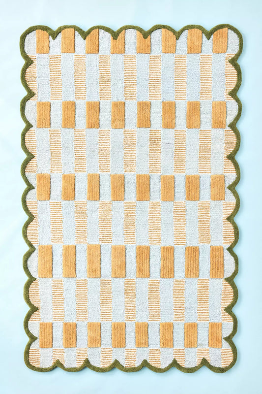 Handmade Yellow Checkerboard Rug with Scalloped Edge – Modern Geometric Tufted Carpet for Living Room or Kids Room Decor