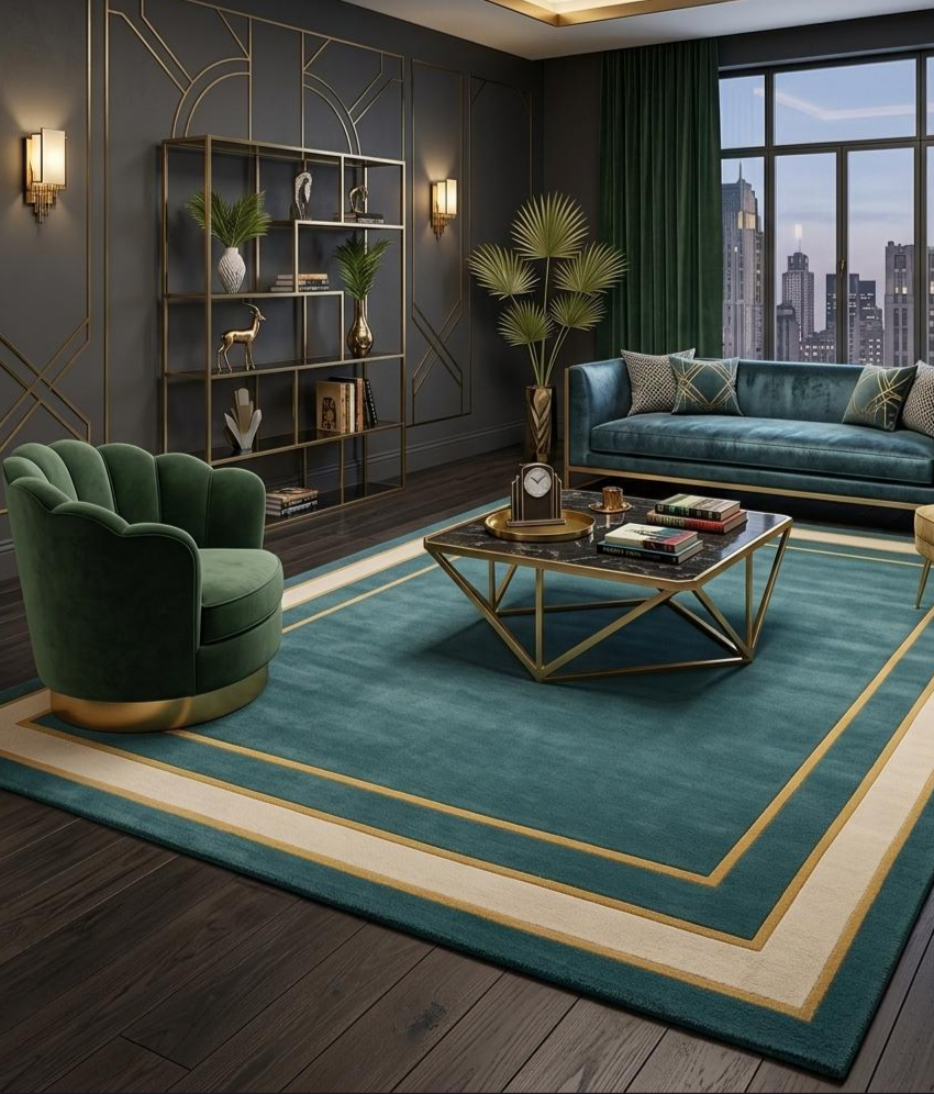 Luxury Emerald Green Hand Tufted Rug, Modern Art Deco Area Rug, Teal Gold Border Carpet, Contemporary Living Room Rug, Custom Handmade Rug, Plush Wool Rug, Minimalist Home Decor Rug