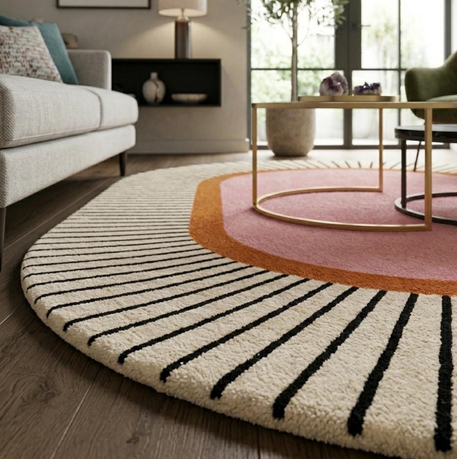 Hand Tufted Modern Sunburst Round Area Rug – Abstract Pink & Ivory Wool Carpet, Contemporary Geometric Designer Rug for Living Room, Bedroom & Nursery Decor