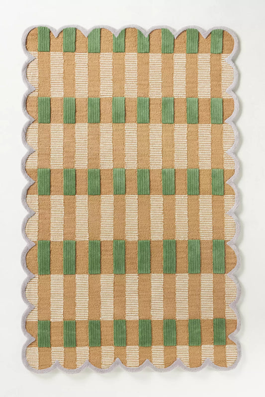 Green and Beige Checkerboard Scalloped Rug – Handmade Tufted Carpet for Modern Boho Living Room, Nursery or Entryway