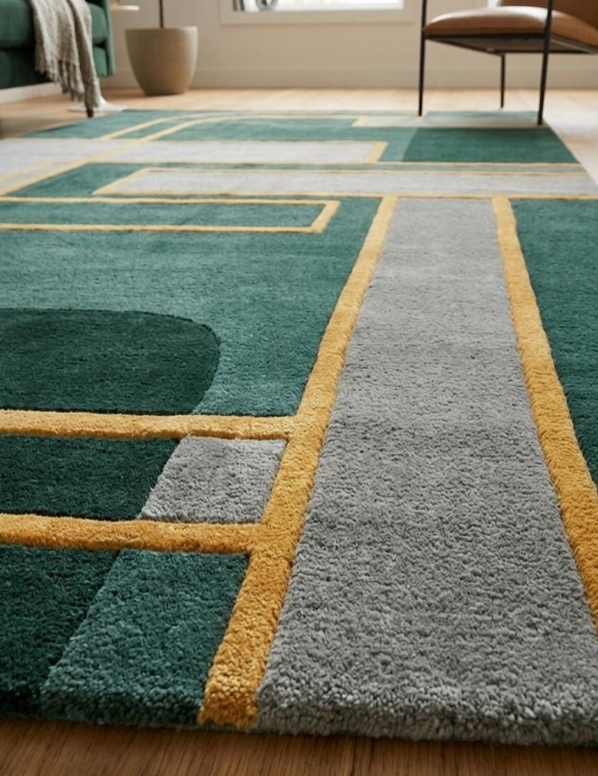 Emerald Green Hand Tufted Rug, Modern Geometric Area Rug, Luxury Abstract Wool Carpet, Contemporary Living Room Rug, Custom Handmade Rug