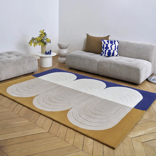 Modern Geometric Area Rug – Blue, Mustard & Beige Contemporary Abstract Carpet for Living Room, Bedroom & Home Décor
