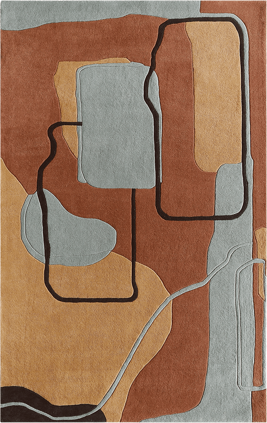 Modern Abstract Wool Rug – Handmade Multicolor Geometric Area Carpet in Rust, Grey & Beige for Living Room, Bedroom & Luxury Home Décor