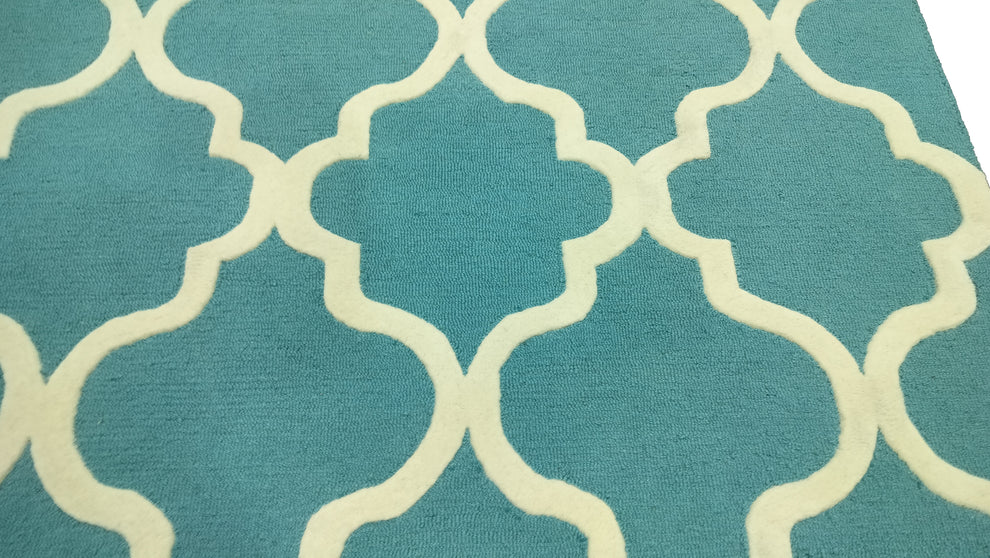 Turquoise Moroccan Trellis Area Rug – Soft Hand-Tufted Carpet with White Geometric Pattern for Living Room, Bedroom & Modern Home Décor
