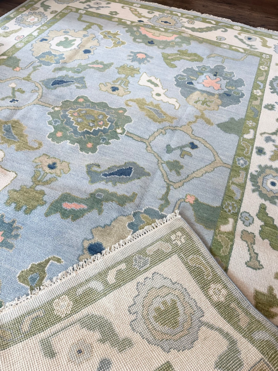 Hand Knotted Oushak Rug – Soft Pastel Blue & Green Turkish Style Area Carpet | Traditional Wool Oriental Rug
