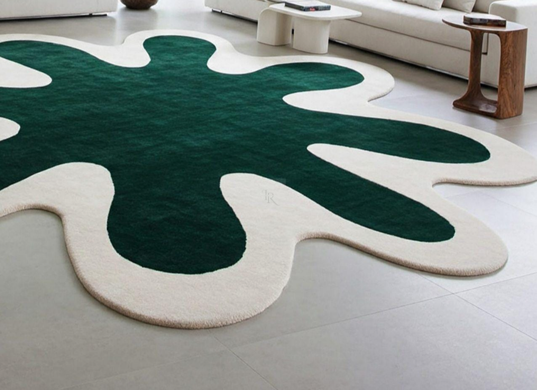 Modern Abstract Splatter Area Rug – Large Green and White Statement Carpet for Living Room or Lounge Decor