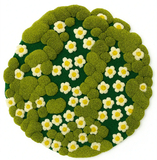 Round Green Floral Tufted Rug – 3D Daisy Bloom Design, Soft Plush Carpet for Living Room, Bedroom & Nursery Décor