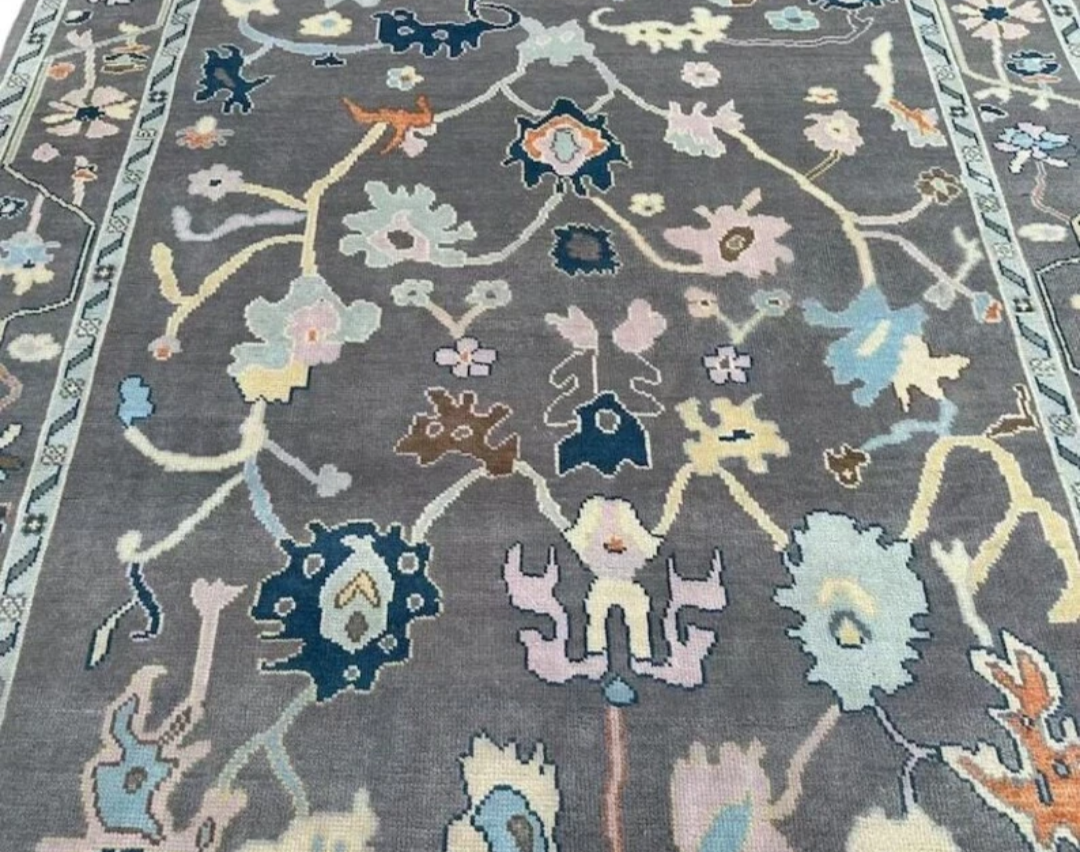 Modern Hand Knotted Oushak Rug – Grey & Blue Wool Area Carpet | Turkish Pastel Floral Design