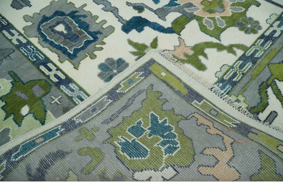Handknotted Oushak Rug – Genuine Turkish Wool Oriental Carpet | Modern Blue & Green Floral Design