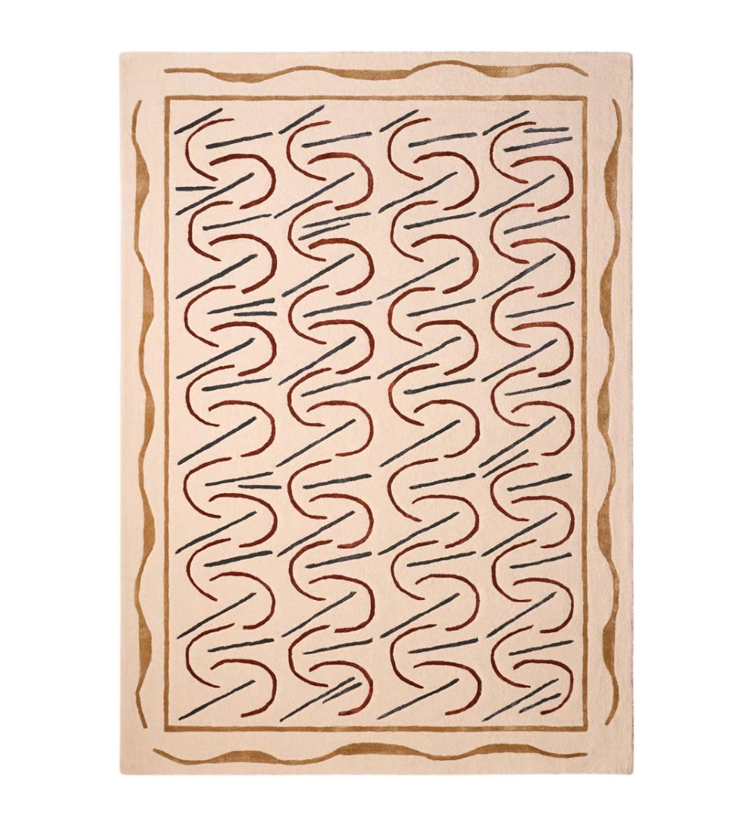 Modern Abstract Line Pattern Area Rug – Artistic Beige Carpet with Red, Black & Gold Accents for Living Room, Bedroom & Home Décor