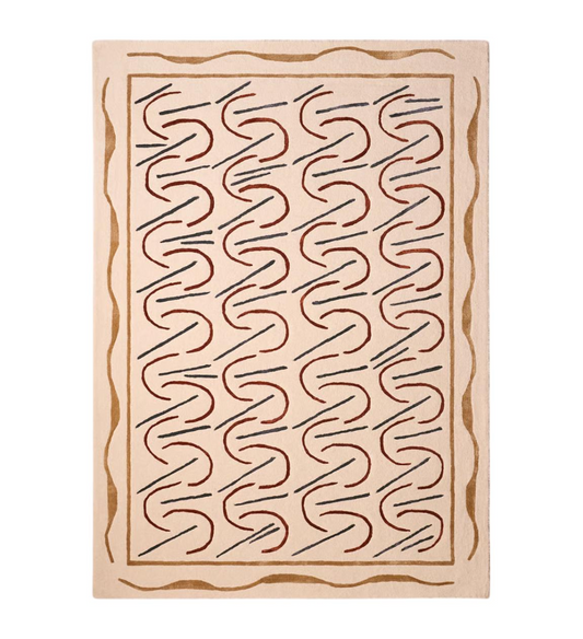 Modern Abstract Line Pattern Area Rug – Artistic Beige Carpet with Red, Black & Gold Accents for Living Room, Bedroom & Home Décor