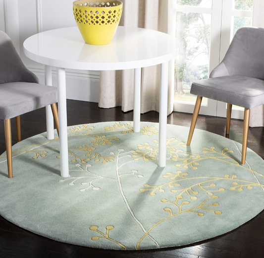 Round Light Green Floral Area Rug – Soft Botanical Pattern Carpet for Dining Room, Bedroom, or Living Room Decor