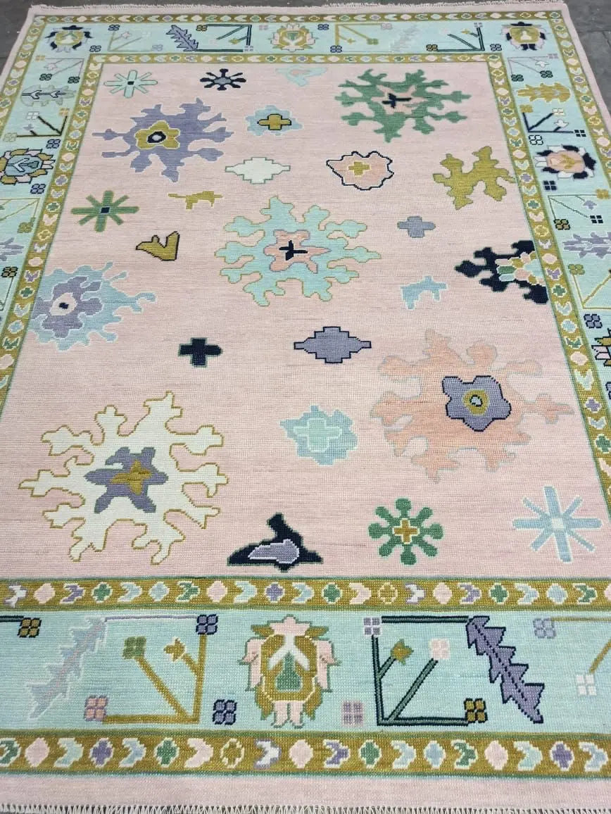 Hand Knotted Oushak Rug – Blush Pink Pastel Turkish Wool Vintage Area Carpet