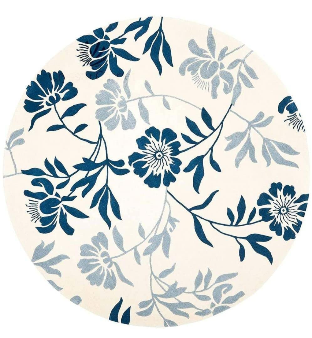 Round Ivory and Blue Floral Carpet – Soft Botanical Area Rug for Living Room, Bedroom & Office – Elegant Modern Floor Mat