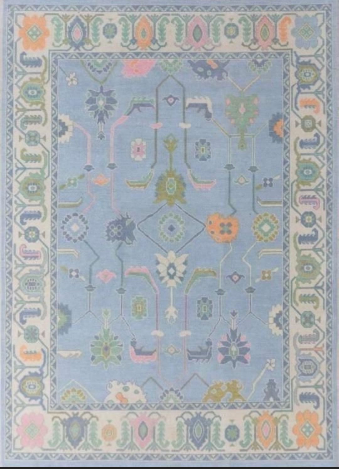 Handknotted Oushak Rug – Elegant Pastel Blue Oriental Design, Soft Durable Wool, Unique Home Décor Accent