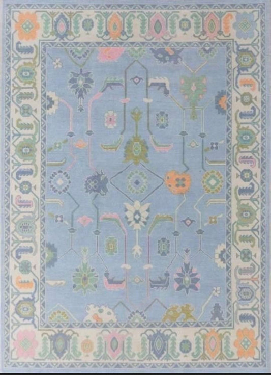 Handknotted Oushak Rug – Elegant Pastel Blue Oriental Design, Soft Durable Wool, Unique Home Décor Accent