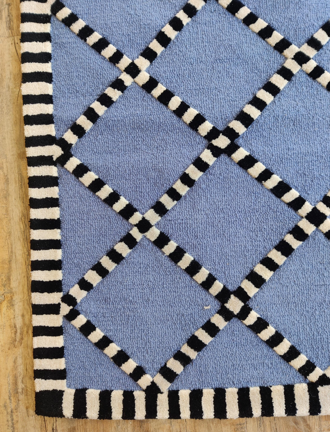 Handmade Blue Geometric Rug – Modern Tufted Diamond Pattern Carpet with Black & White Striped Border, Contemporary Area Rug for Home Decor