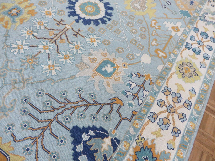 Luxury Hand-Knotted Oushak Rug – Sky Blue Turkish Wool Carpet with Floral Motifs