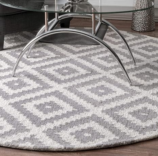 Round Grey and White Diamond Pattern Carpet – Soft Modern Area Rug for Living Room & Office – Stylish Geometric Floor