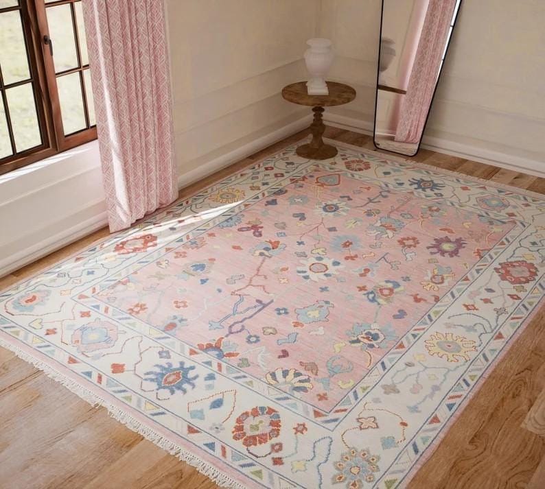 Hand Knotted Pink Oushak Rug – Modern Turkish Wool Area Rug | Soft Pastel Oriental Carpet, Boho Chic Living Room & Bedroom Decor