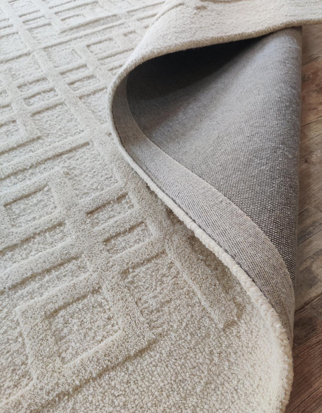 Handmade Beige Wool Rug | Modern Geometric Embossed Pattern Area Carpet | Minimalist Neutral Floor Rug for Living Room, Bedroom & Office Decor