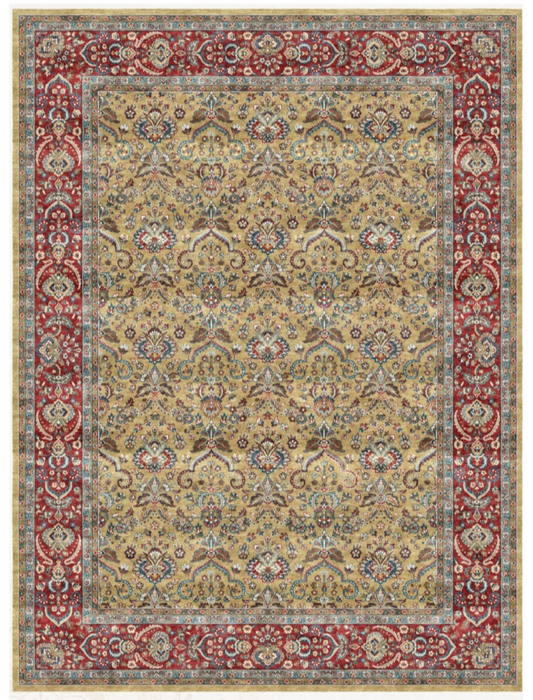 Luxury Persian Silk Area Rug – Golden Beige & Red Floral Palace Design, Soft Shiny Finish, Premium Elegant Carpet for Living Room & Bedroom