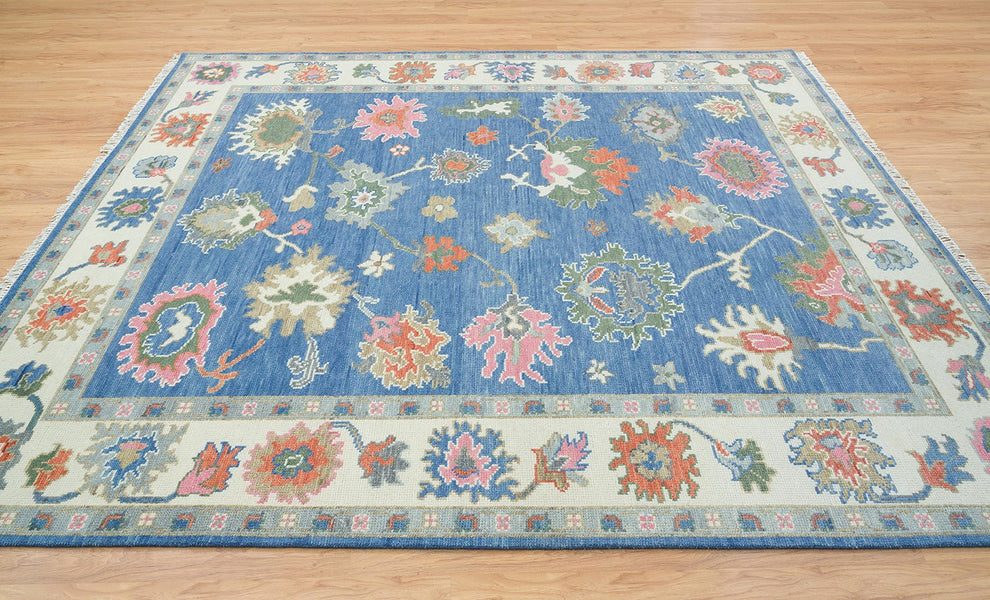 Hand-Knotted Blue Oushak Rug – Authentic Turkish Wool Carpet | Vintage-Inspired Oriental Area Rug for Living Room