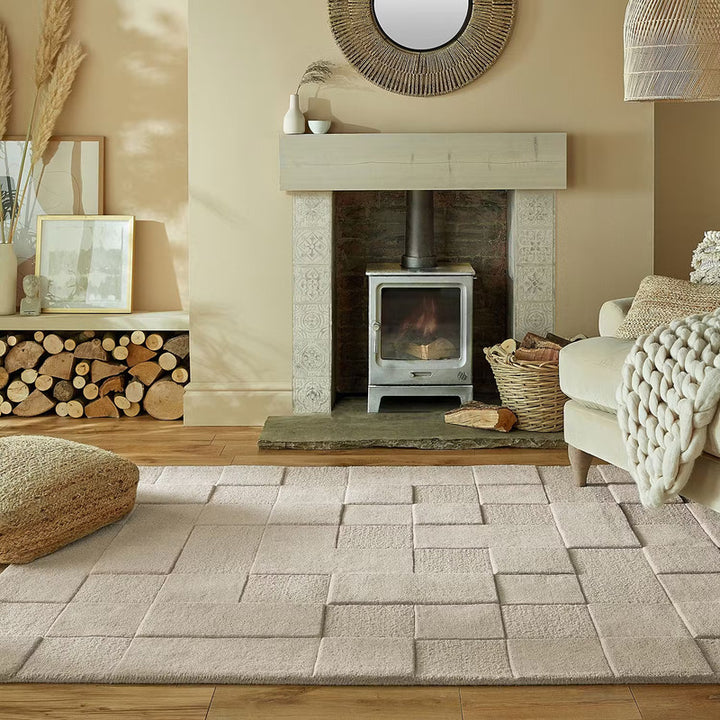 Modern Beige Geometric Rug – Hand-Tufted Block Pattern Carpet for Living Room, Bedroom & Minimalist Home Décor
