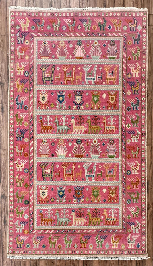 Pink Handknotted Oushak Rug – Vintage Turkish Wool Carpet with Tribal Animal & Floral Motifs, Bohemian Area Rug, One-of-a-Kind Home Decor