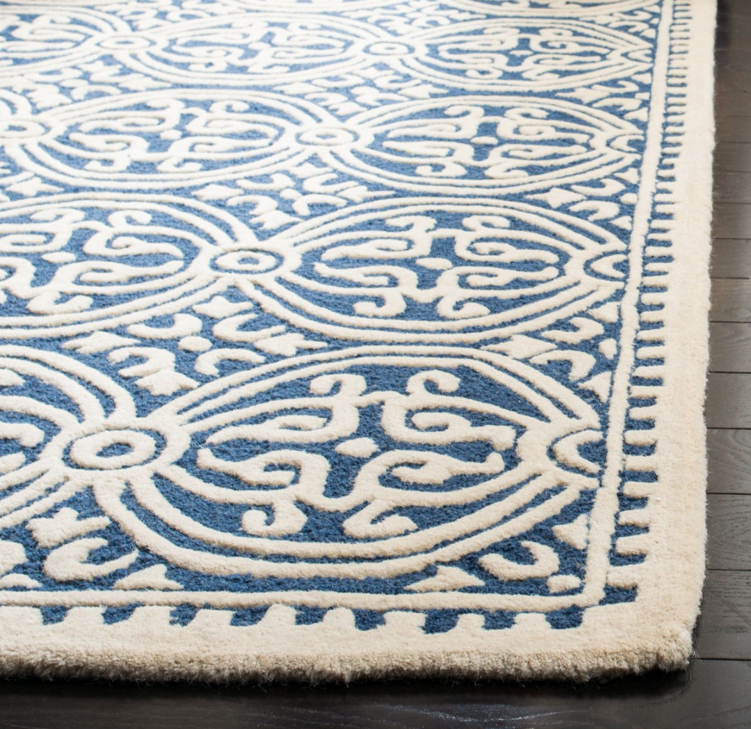Blue & Ivory Area Rug with Bold Geometric Medallion Pattern – Modern Woven Carpet for Living Room, Bedroom & Home Décor