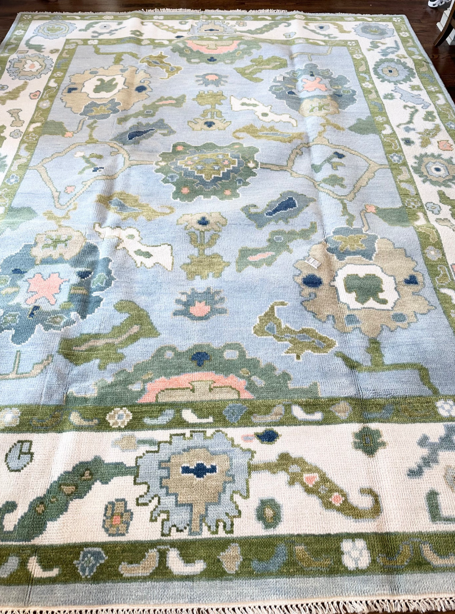 Hand Knotted Oushak Rug – Soft Pastel Blue & Green Turkish Style Area Carpet | Traditional Wool Oriental Rug