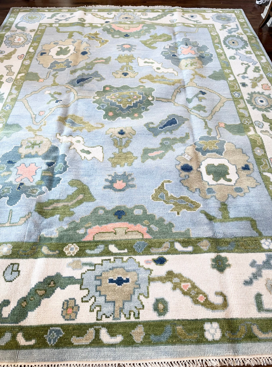 Hand Knotted Oushak Rug – Soft Pastel Blue & Green Turkish Style Area Carpet | Traditional Wool Oriental Rug