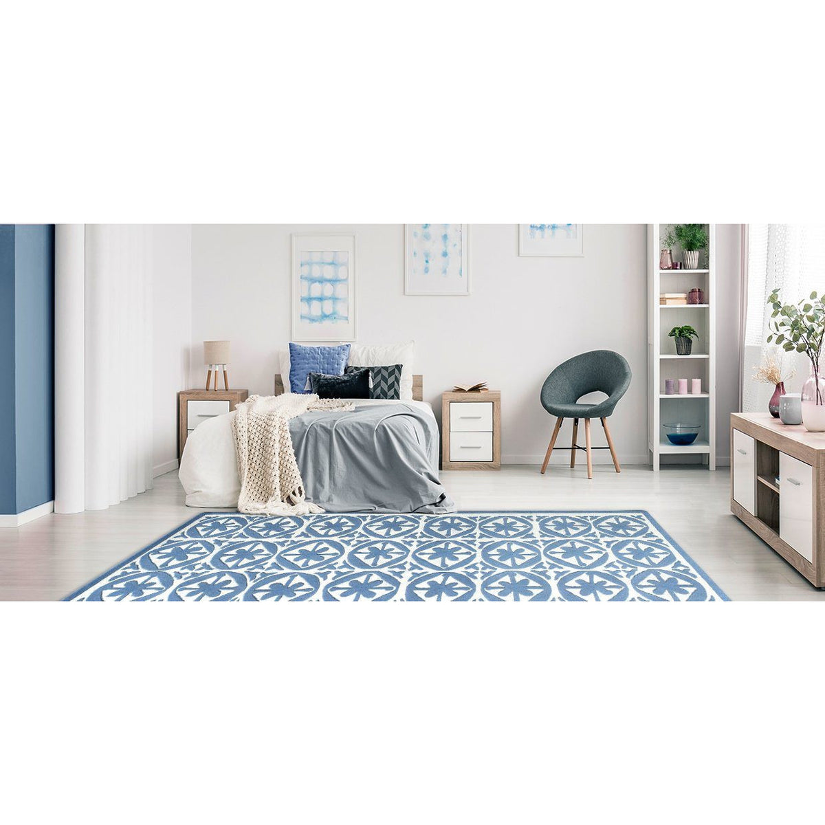 Handmade Blue & White Geometric Rug – Modern Moroccan Tile Design Carpet for Living Room, Bedroom & Home Décor